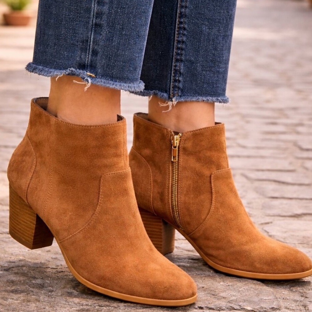 Anthropologie Wanderlust Whiskey Brown Suede Ankle Boots Zip Block Heel 10 NWT
